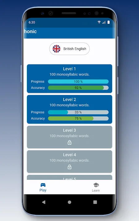 Phonic level list showing progress and accuracy bars for each level