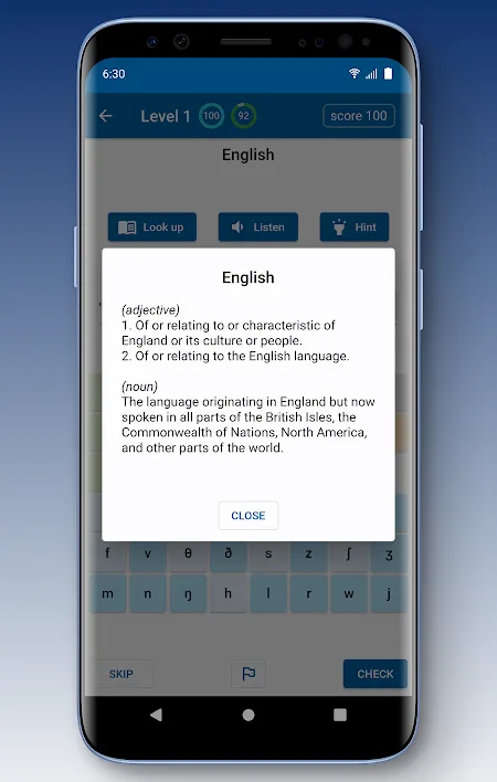 A word definition shown over the Phonic game screen